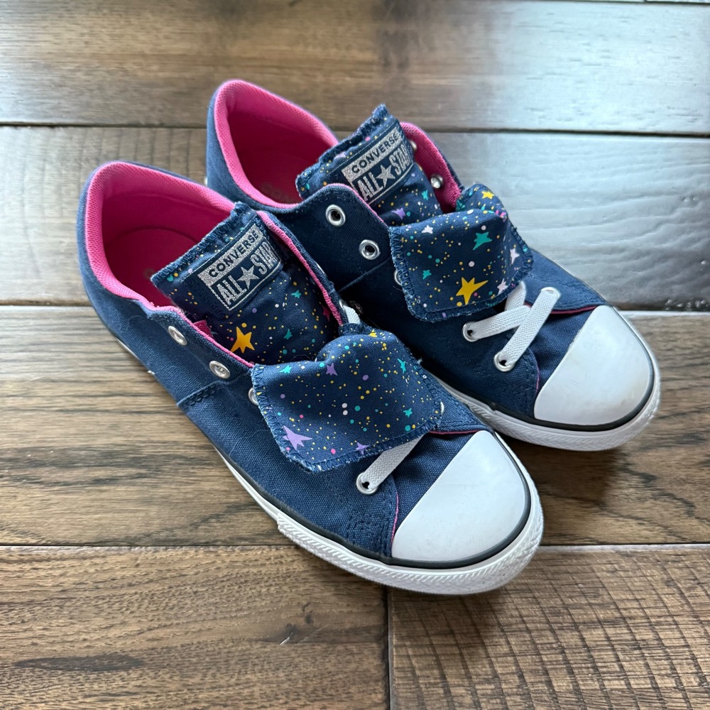 Converse All Star Girls Shoes Navy Blue Pink Star Print Lace Up Sneakers Sz‎ 5
